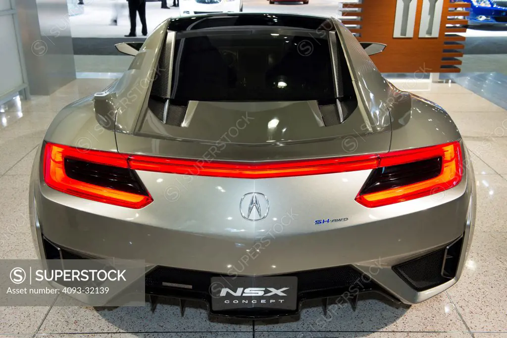 Rear view of a silver Acura NSX Concept at the 2012 Los Angeles Auto Show