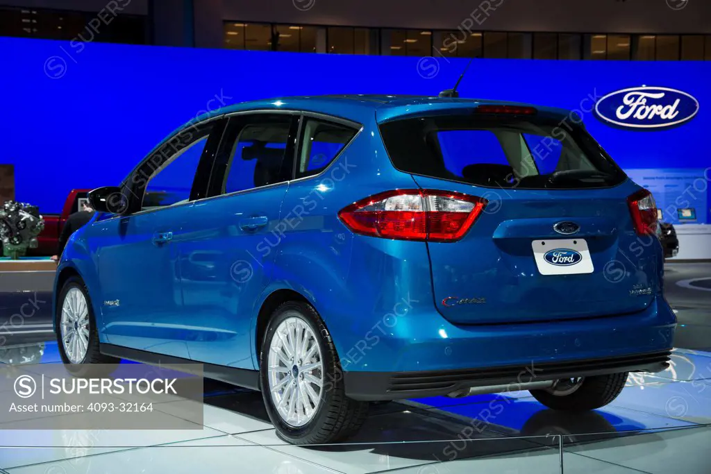 Rear 3/4 view of a blue 2014 Ford Fiesta C-Max SEL Hybrid at the 2012 Los Angeles Auto Show