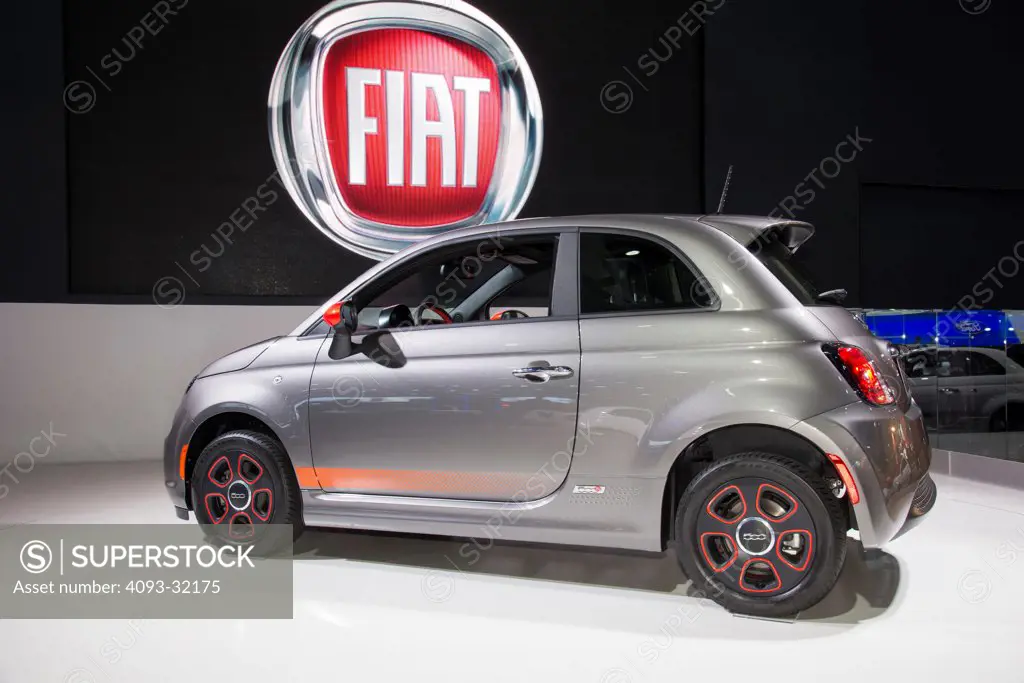 Rear 3/4 view of a silver Fiat 500e at the 2012 Los Angeles Auto Show