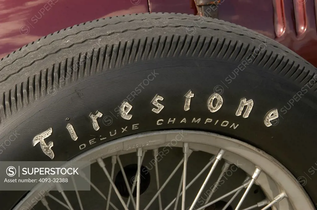 1939 Maserati 8CTF Boyle Special, winner of the 1939 Indy 500 race. Close-up on Firestone tyre