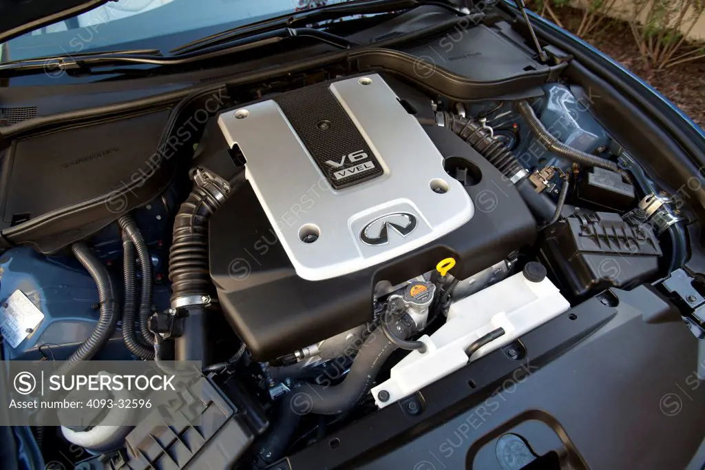 Engine view of a 2012 Infiniti G37 Convertible showing the 3.7 liter V6 VVEL engine.