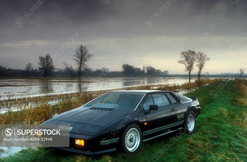 1984 Lotus esprit Turbo Mk1 parked in countryside by flooded river, front 3/4