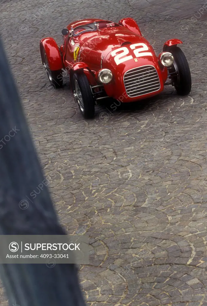 1948 Tippo 166C Ferrari parked on cobblestones, elevated front view