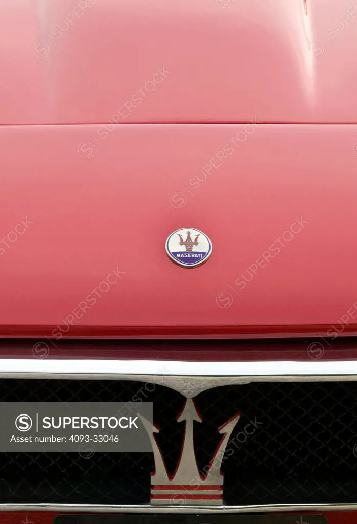 1968 Maserati Ghibli badge on hood, close-up