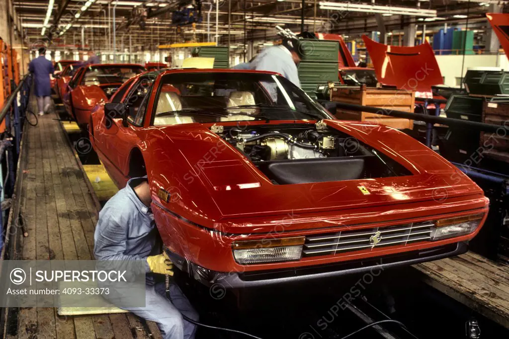 1987 Ferrari 328 during assembly at the Ferrari Factory in Maranello, Italy.