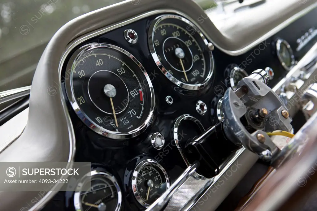 Interior detail view of a 1954 Mercedes-Benz 300SL Coupe showing the instrument panel, gauges and steering column that unlocks from the steering wheel.