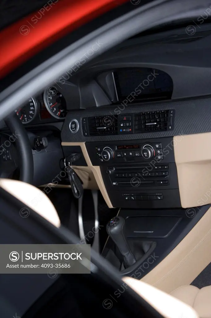 2008 BMW M3 showing the center console, stereo controls and gear shift lever