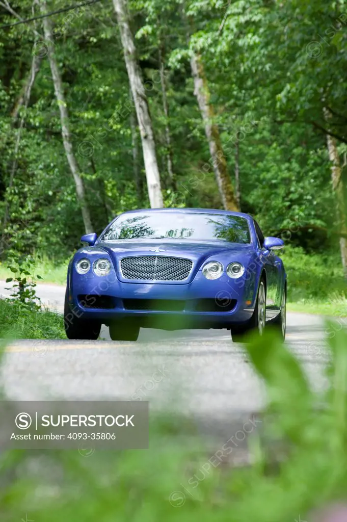2007,bentley Continental GT on a rural tree lined road, front view