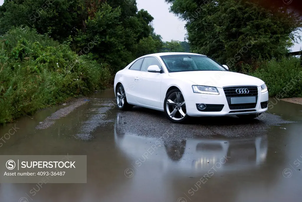 2010 Audi A5 parked on waterlogged rural road, front 3/4