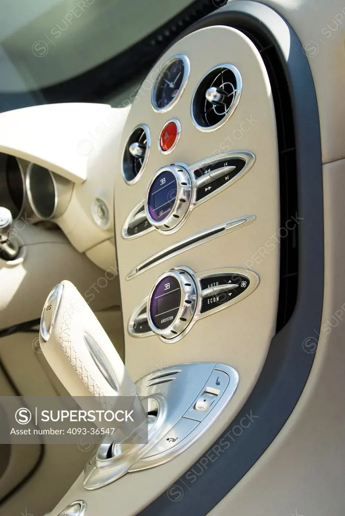 2010 Bugatti Bleu Centenaire interior close-up on gear shift and cd player