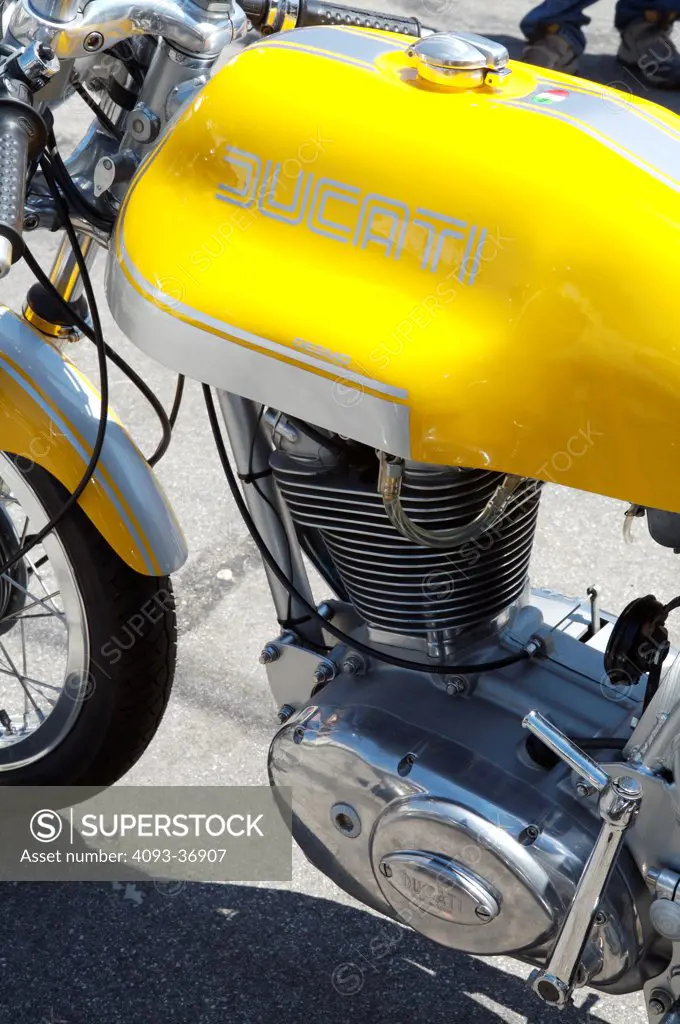 A closeup close-up detailed shot of a 1972 Ducati Mk3 450