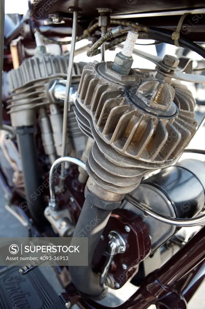A closeup close-up detailed shot of 1926 Big Chief Indian motorcycle engine