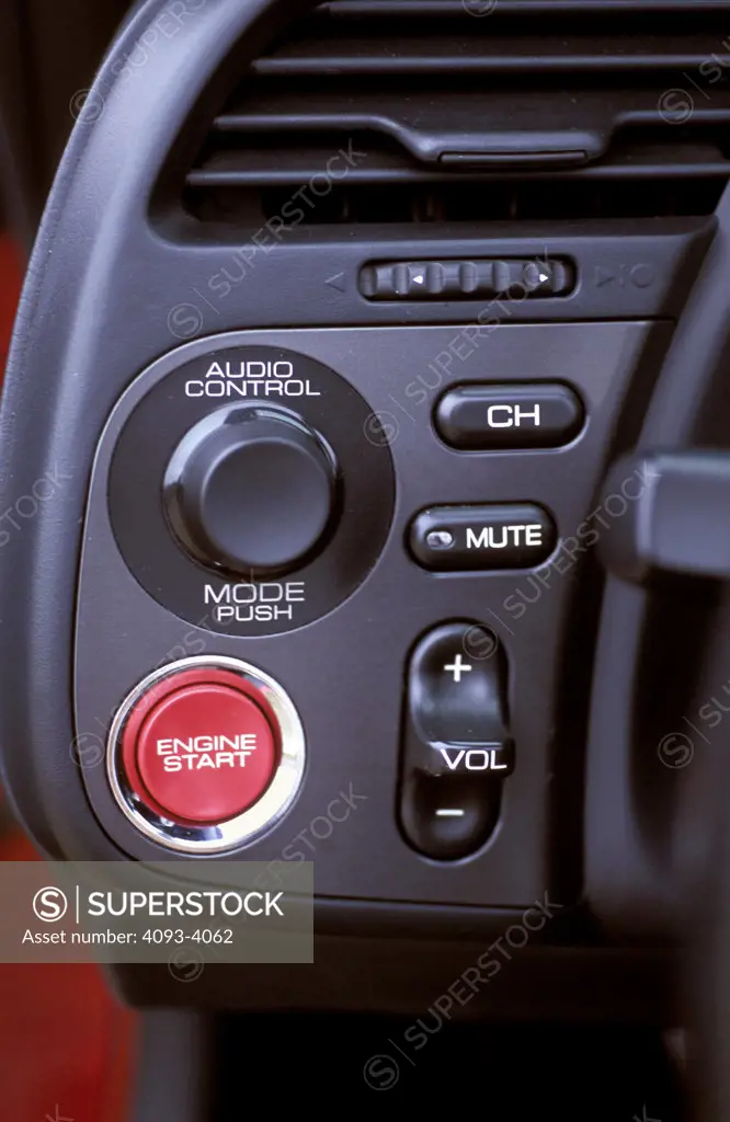 interior detail Honda S2000 2001 engine start button audio control volume channel stereo IP instrument panel air vent