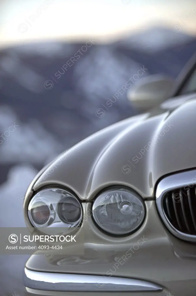 detail Jaguar X-Type 2005 tan headlights grille hood