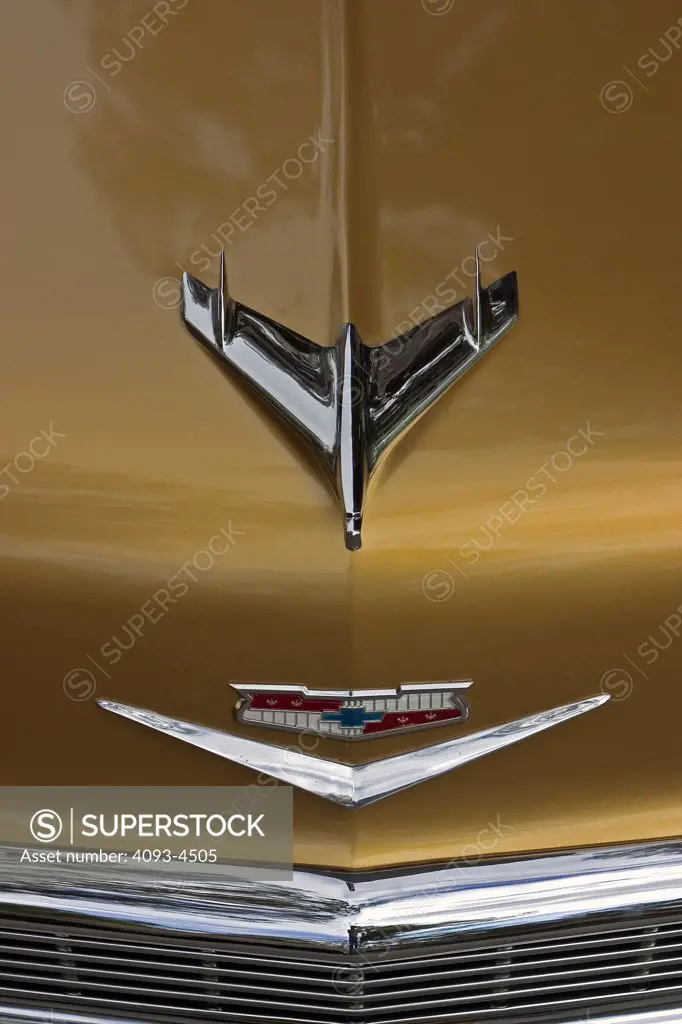 overhead high angle detail Bel Air 1956 1950s gold hood ornament