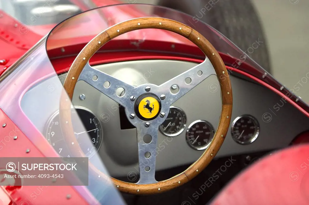 interior detail Ferrari 246 Dino Formula One steering wheel wood gauges windscreen