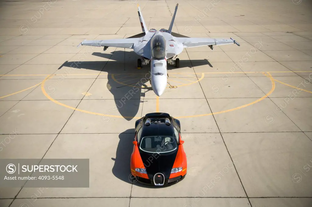 2007 Bugatti Veyron on an empty road  with f-18 jet