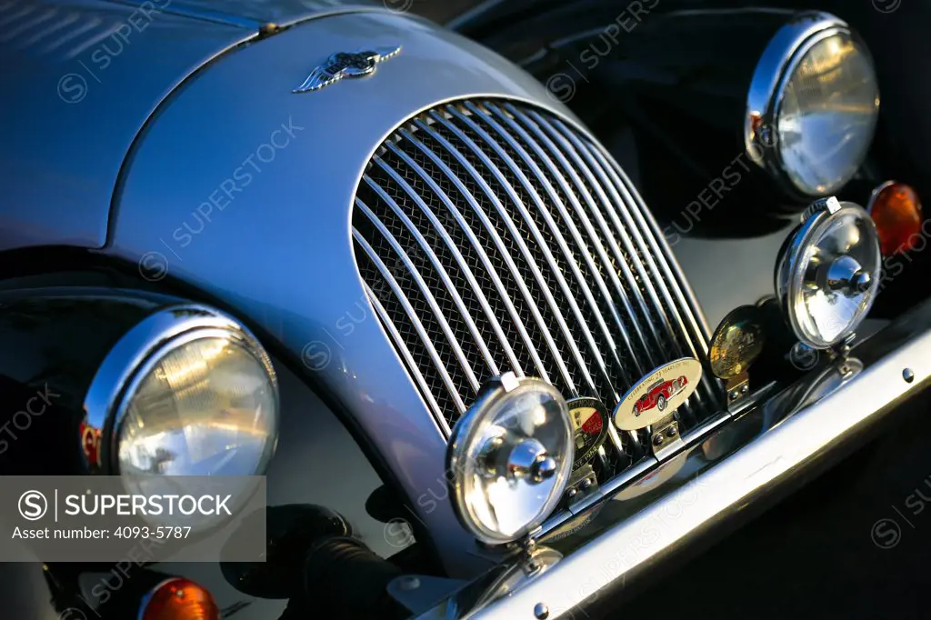 close up of a Morgan grill and headlights