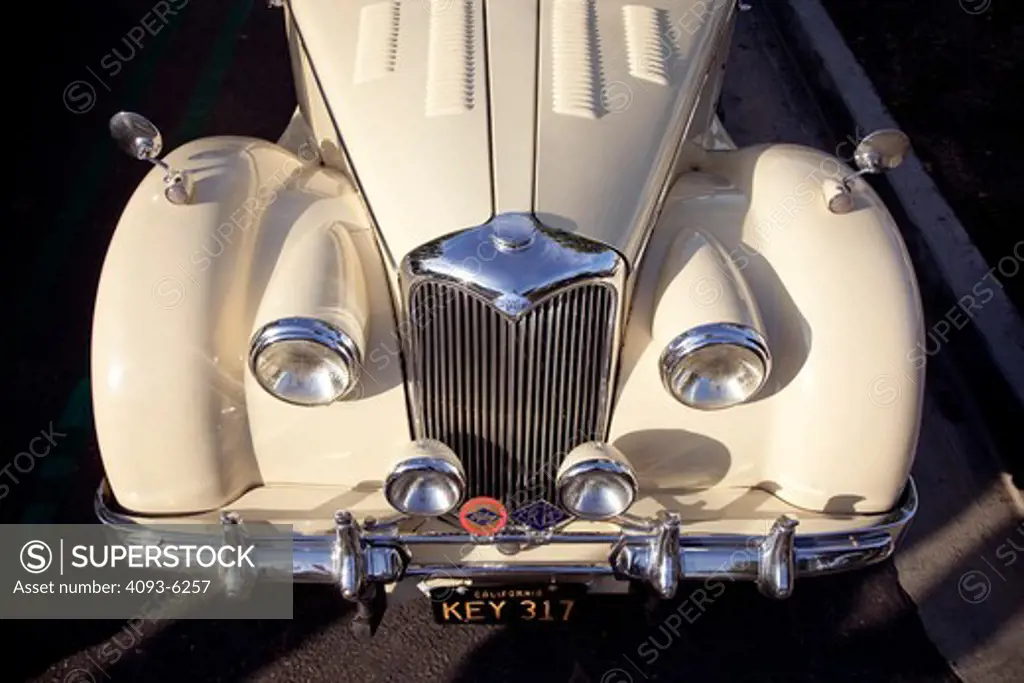 1949 cream coloured Riley RMC hood, high angle view