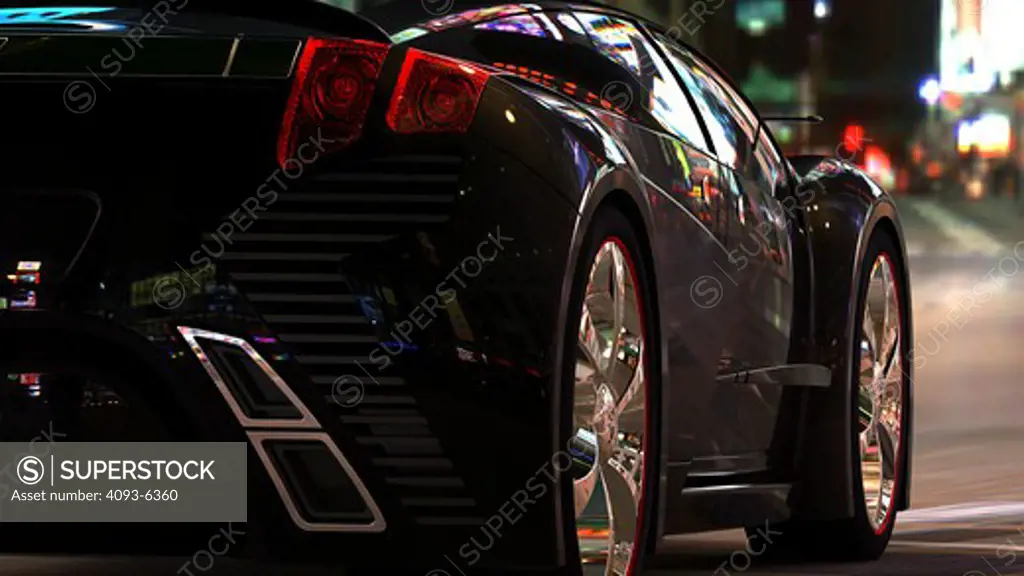 Computer-altered photography with digitally generated Image of black concept car, close-up