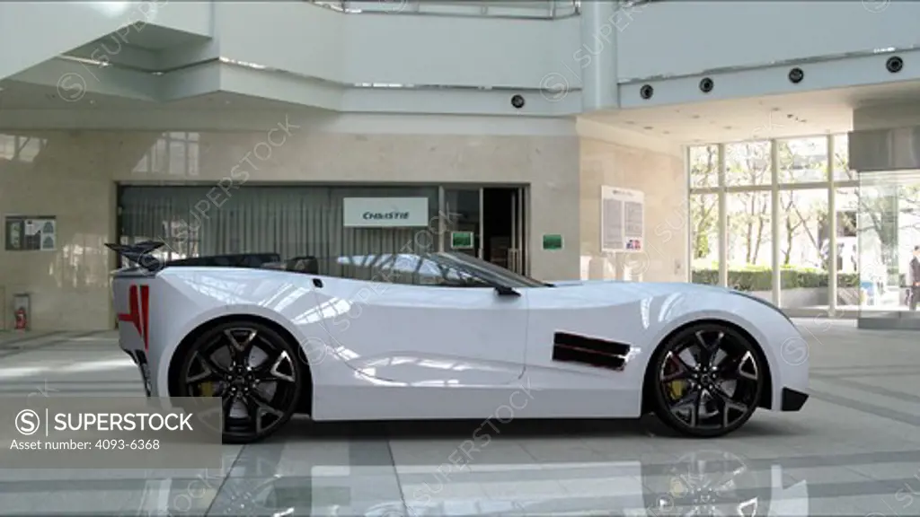 Computer-altered photography with digitally generated Image of white concept car, side view