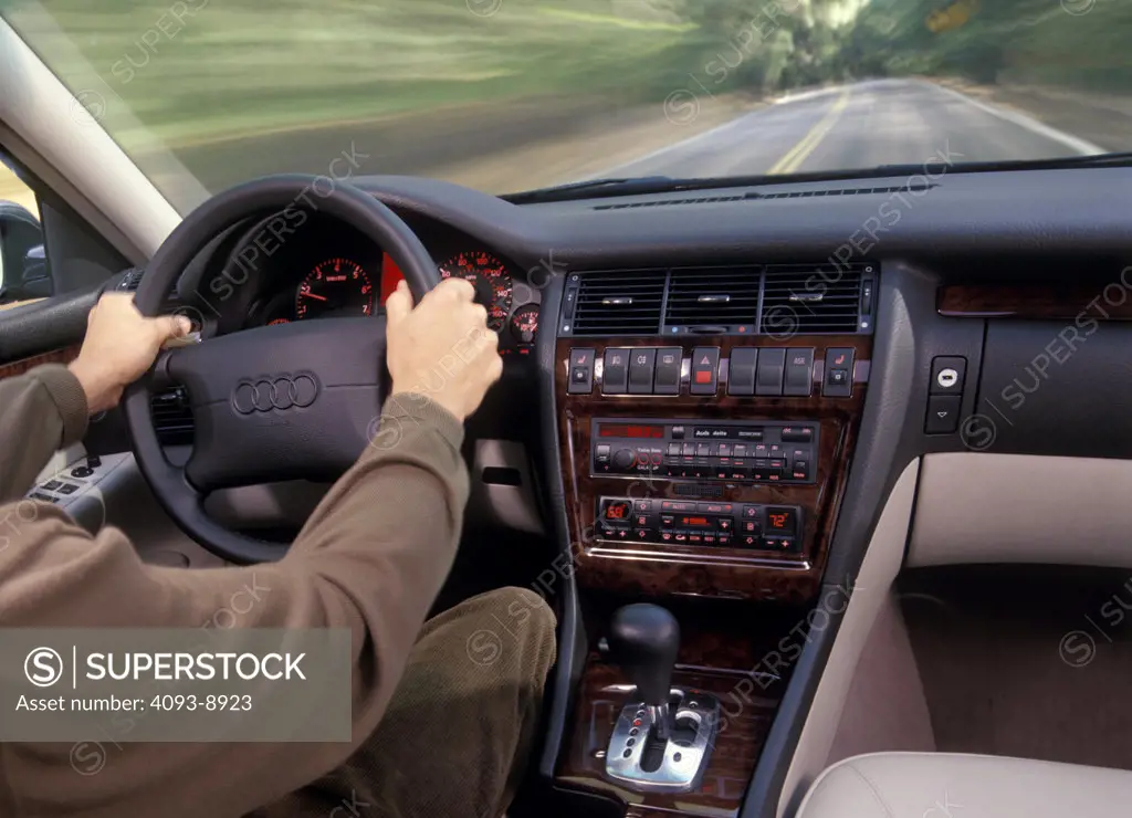 interior detail Audi A8 1999 hands steering wheel gear shift PRNDL IP instrument panel 1990s street