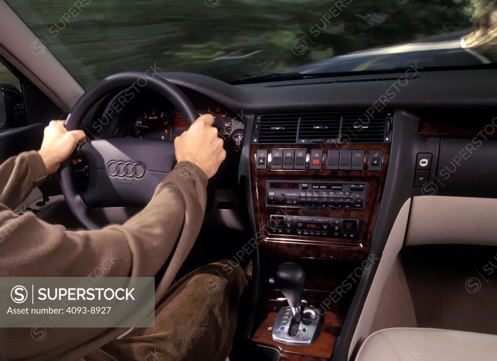 interior detail Audi A8 1999 hands steering wheel gear shift PRNDL IP instrument panel 1990s street