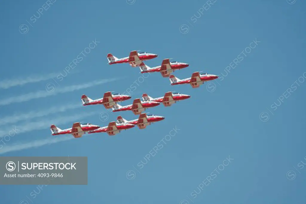 The Canadian Snowbirds performing during the 2007 Reno Air Races. Officially known as the Canadian Forces 431 Air Demonstration Squadron, the Snowbirds are Canada's military aerobatics or airshow flight demonstration team. The show team flies 11 CT-114 Tutors  nine for aerobatic performances, including two solo aircraft, and two as spares, flown by the team coordinators.