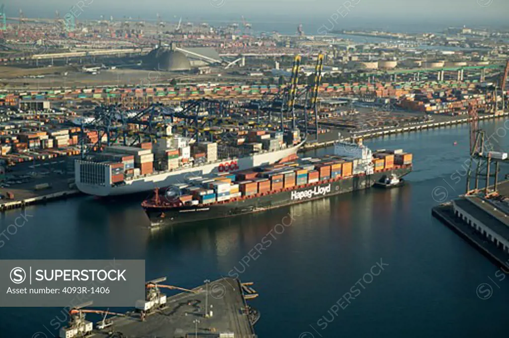 Commercial container carrier cargo freighter harbor port Long Beach California