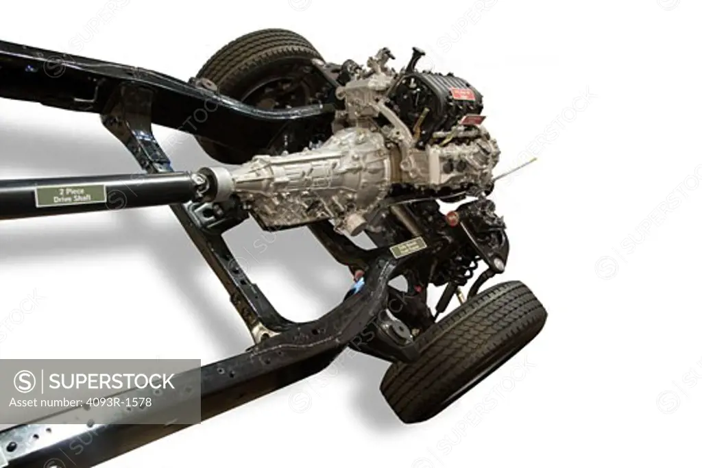 Chassis  engine and drivetrain of the 2007 Toyota Tundra truck. Showing the 4.7 liter V8 engine  transmission  tires  shocks  springs. All labeled.