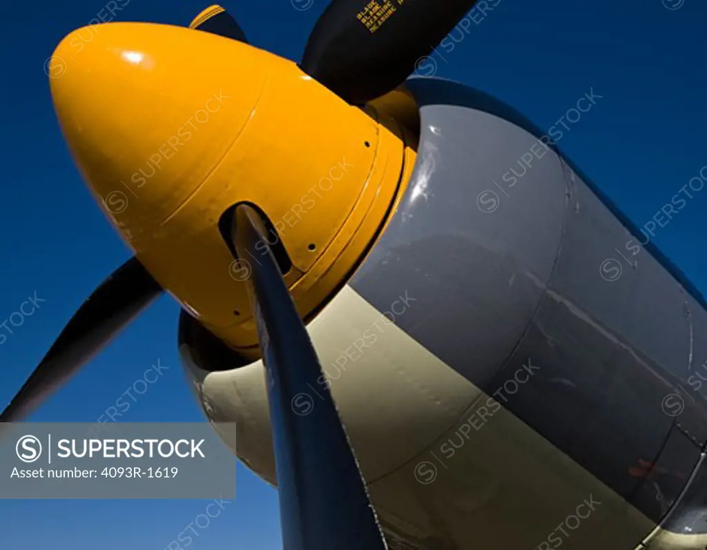 Nose detail of the Hawker Sea Fury known as Argonaut at the 2008 Reno Air Races. The Hawker Sea Fury is one of the fastest single engine piston aircraft ever produced. Shown is the four bladed prop, yellow spinner and cowl around the piston radial engine. Hawker Sea Fury model FB.11. Top speed is 460 mph. N19SF
