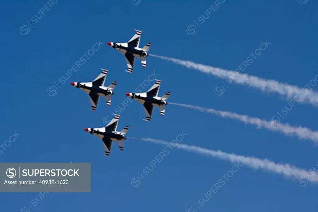 2008 Reno Air Races - US Air Force Thunderbirds. Lockheed Martin F-16 Fighting Falcon. The Thunderbirds are the Air Demonstration Squadron of the U.S. Air Force. The squadron tours the U.S. and much of the world, performing aerobatic formation and solo flying in specially-marked USAF jet aircraft. Smoke on. 2008 Reno Air Races - US Air Force Thunderbirds. Lockheed Martin F-16 Fighting Falcon. The Thunderbirds are the Air Demonstration Squadron of the U.S. Air Force. The squadron tours the U.S. a