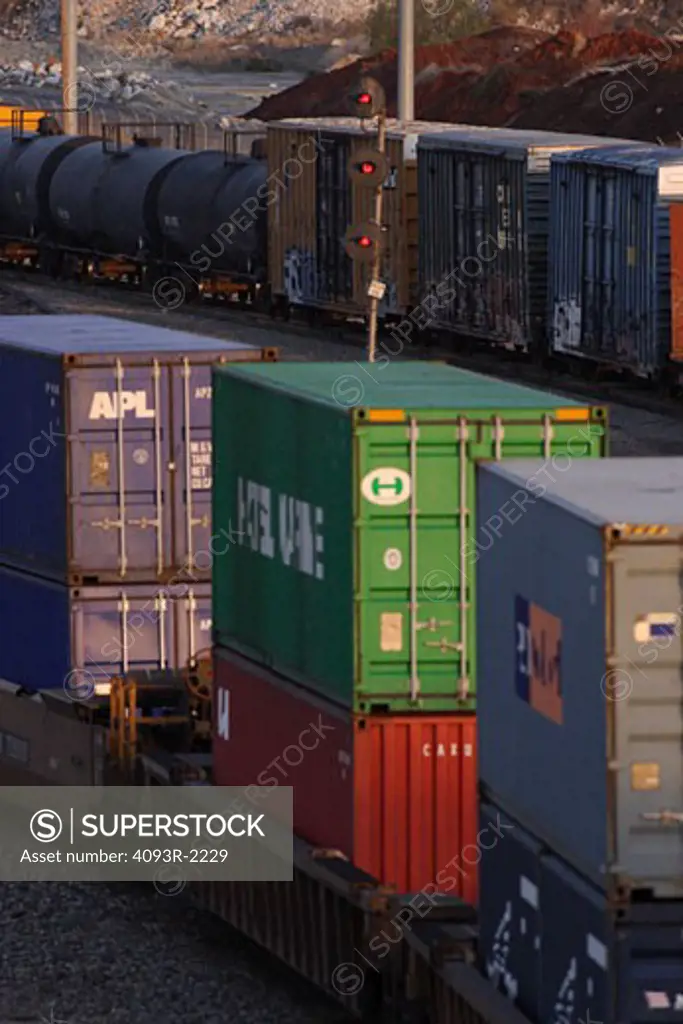Railroad freight cars pass through Union Pacific's West Colton freight yards in Colton California.