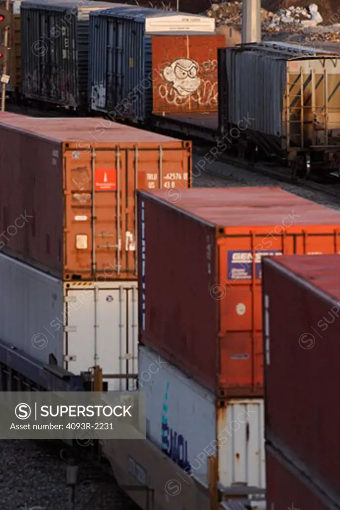 Railroad freight cars pass through Union Pacific's West Colton freight yards in Colton California.