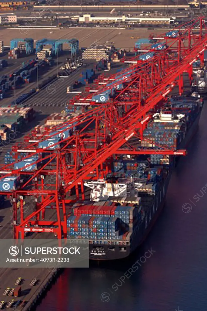 Container ships Hanjin Dallas Hamburg AG all being loaded and unloaded at the Hanjin terminal in the Port of Long Beach.