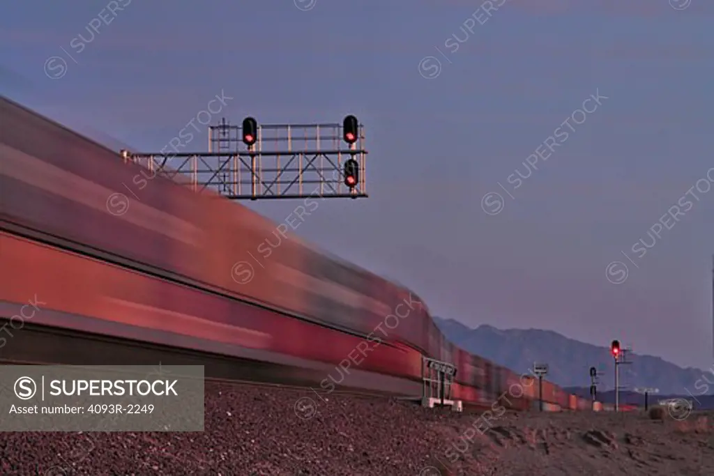 BNSF container train at Goffs, California at dusk.