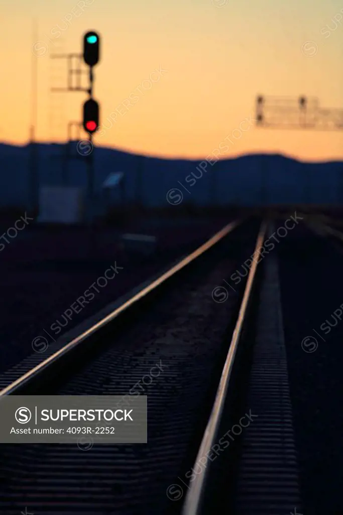 BNSF railroad signals and track in the Mojave Desert near Amboy California.