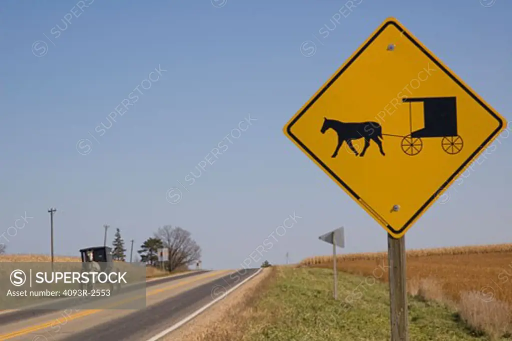 Amish road sign and Amish horse and buggy, western Wisconsin