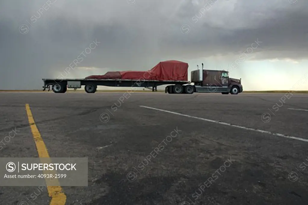 Semi-truck and trailer, rest stop, central South Dakota
