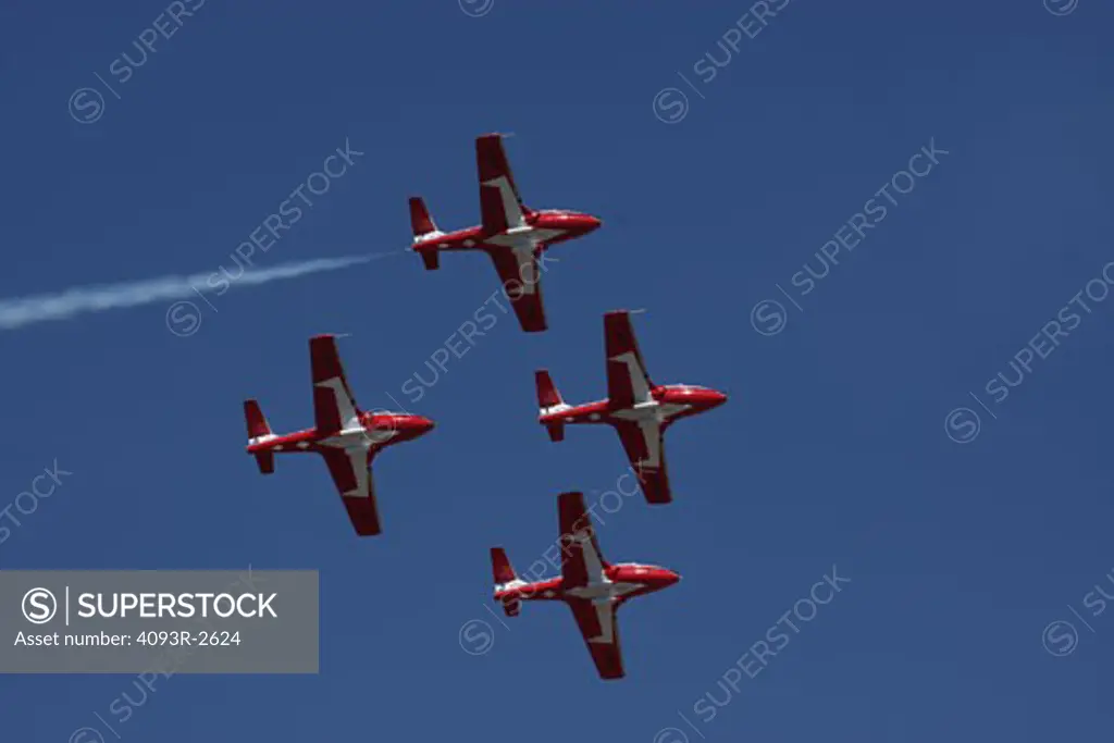 CAF Canadian Snowbirds, Canadair CT-114 Tudors, formation flying with blue sky in the background.