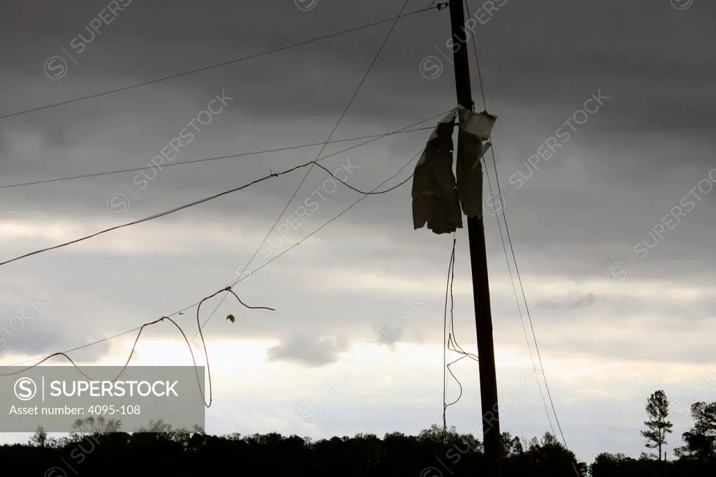 Damaged telephone pole after a storm ravaged, Limestone County, Alabama, USA