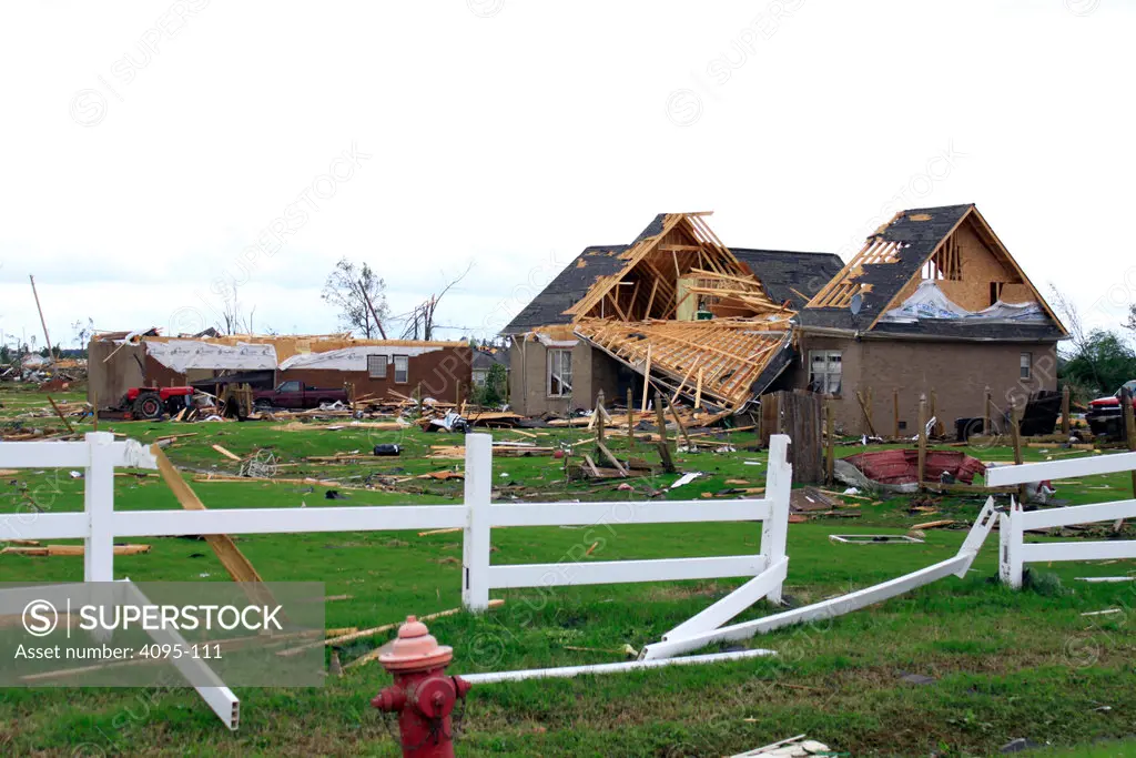 Homes and fence destroyed by storms, Limestone County, Alabama, USA