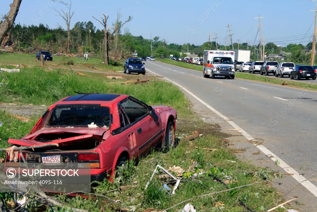 Damaged car at roadside after tornado ravaged, Limestone County, Alabama, USA