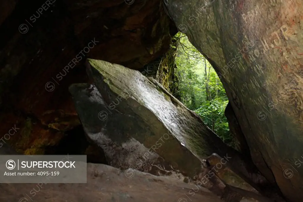 Rock fall created an opening in a sandstone cliff, Dismals Canyon, Franklin County, Alabama, USA