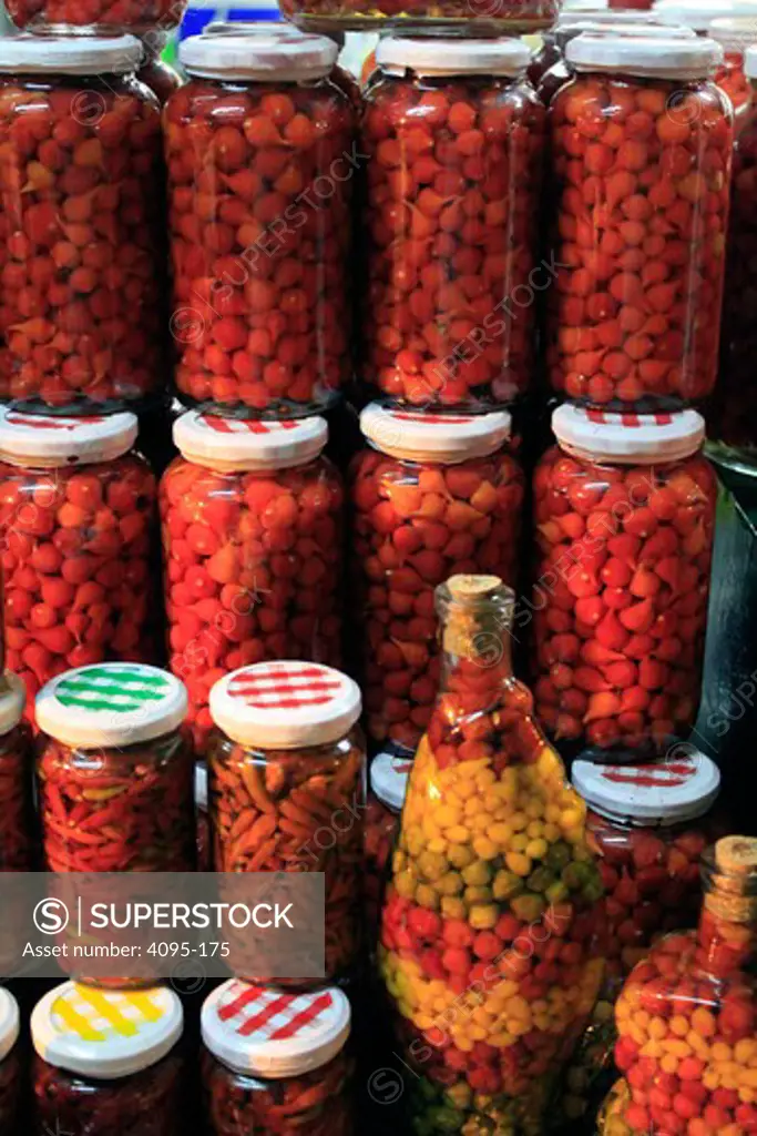 Peppers in liquid in an open air market, Campo Grande, Mato Grosso Do Sul, Brazil