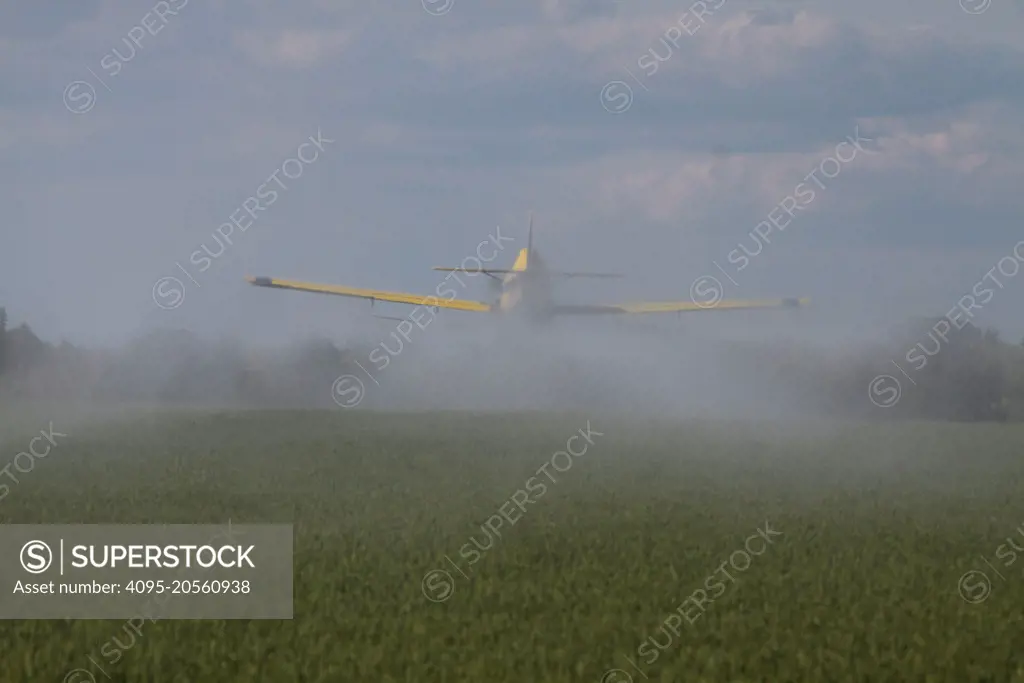 The spray from a crop dusting plane blankets a winter wheat crop.