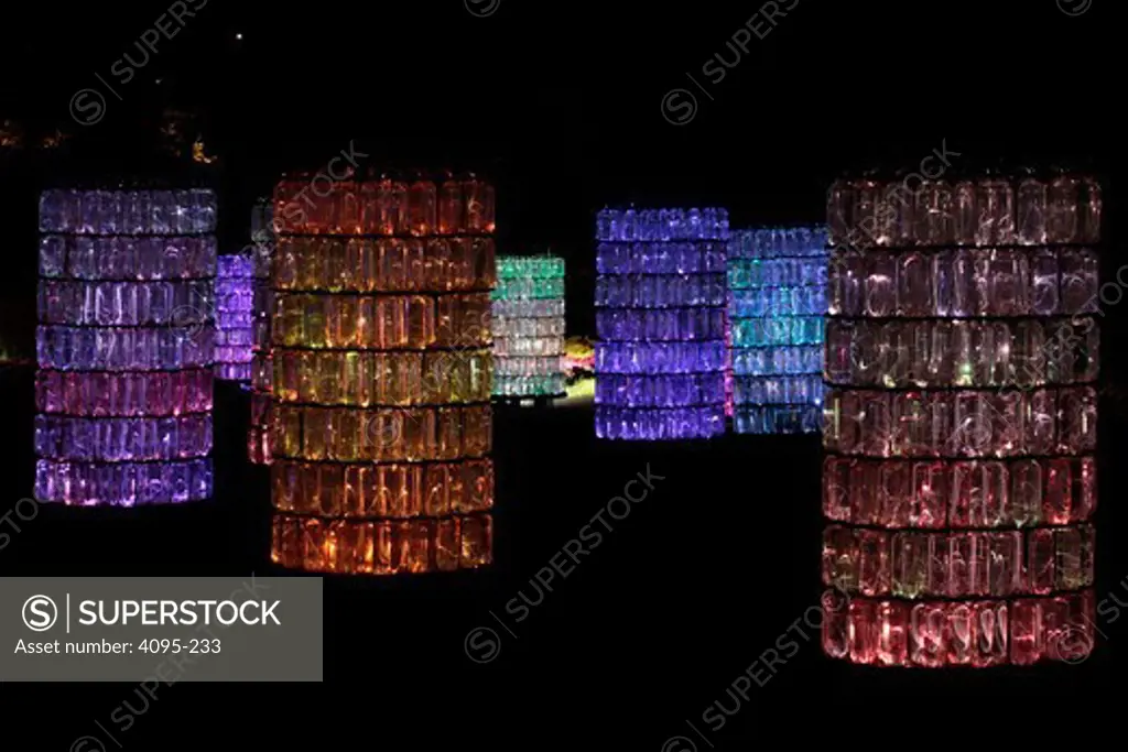 Multi-colored water towers made of plastic bottles filled with water and lit with fiber optic cables connected to LED projectors, Cheekwood Botanical Garden and Museum of Art, Nashville, Tennessee, USA