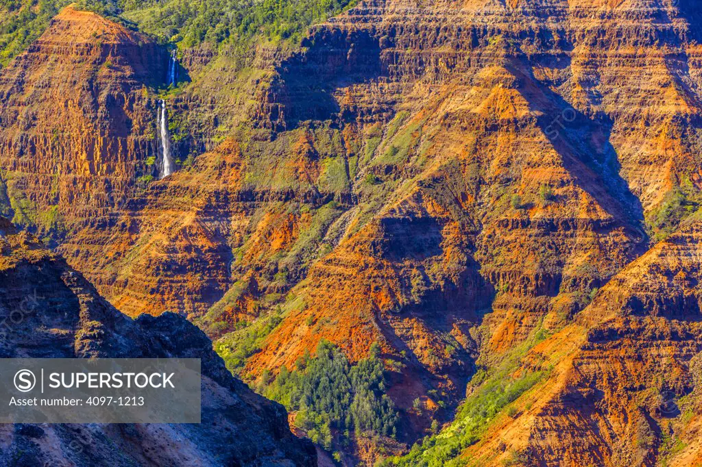 High angle view of a waterfall, Waipoo Falls, Waimea Canyon, Kauai, Hawaii, USA