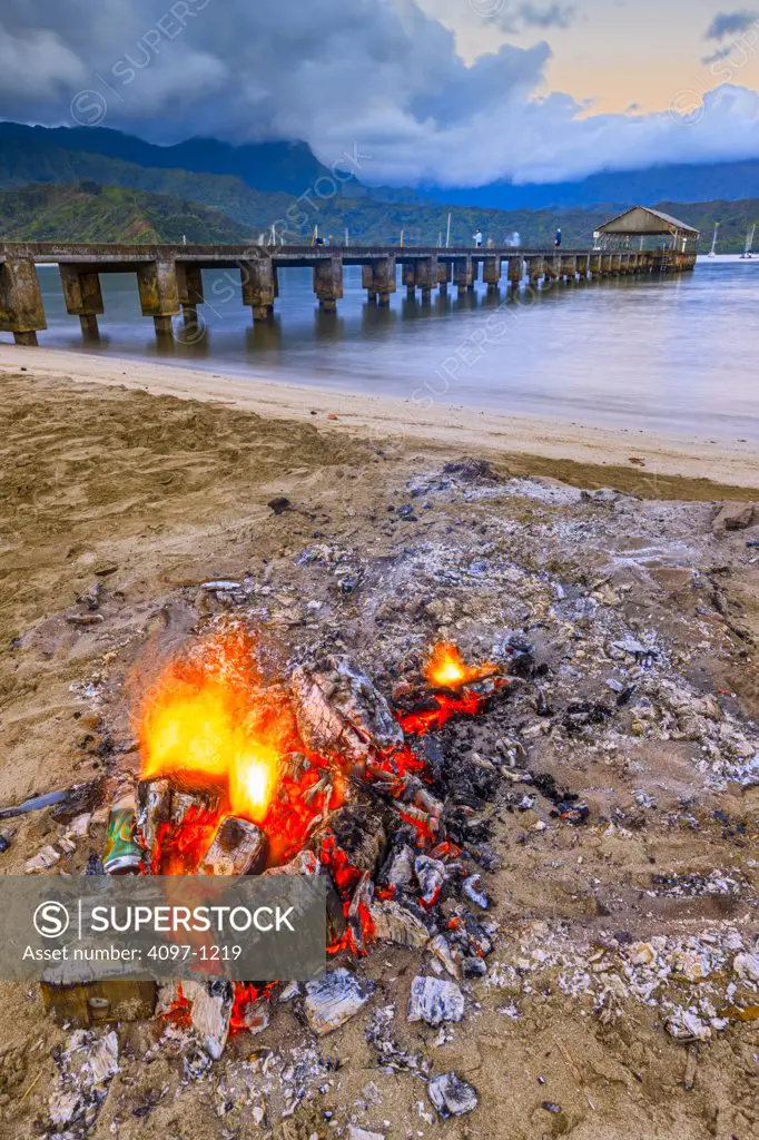 Campfire on the beach, Hanalei, Kauai, Hawaii, USA