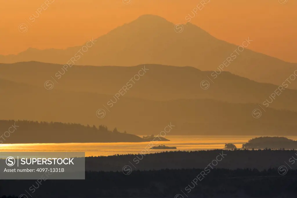 Mountain peak viewed from Malahat, Mt Baker, Finlayson Arm, Saanich Peninsula, Vancouver Island, British Columbia, Canada